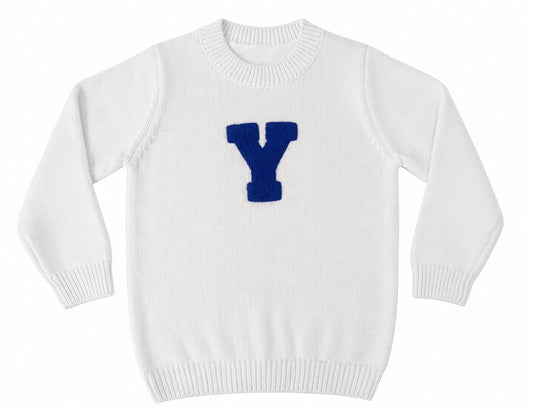 White sweater with a blue 'Y' on a white background