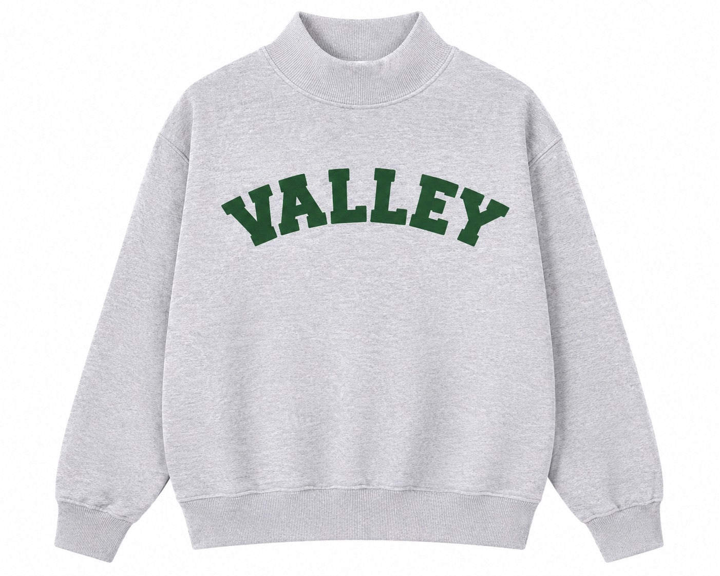 Gray sweatshirt with 'VALLEY' printed in green on a white background