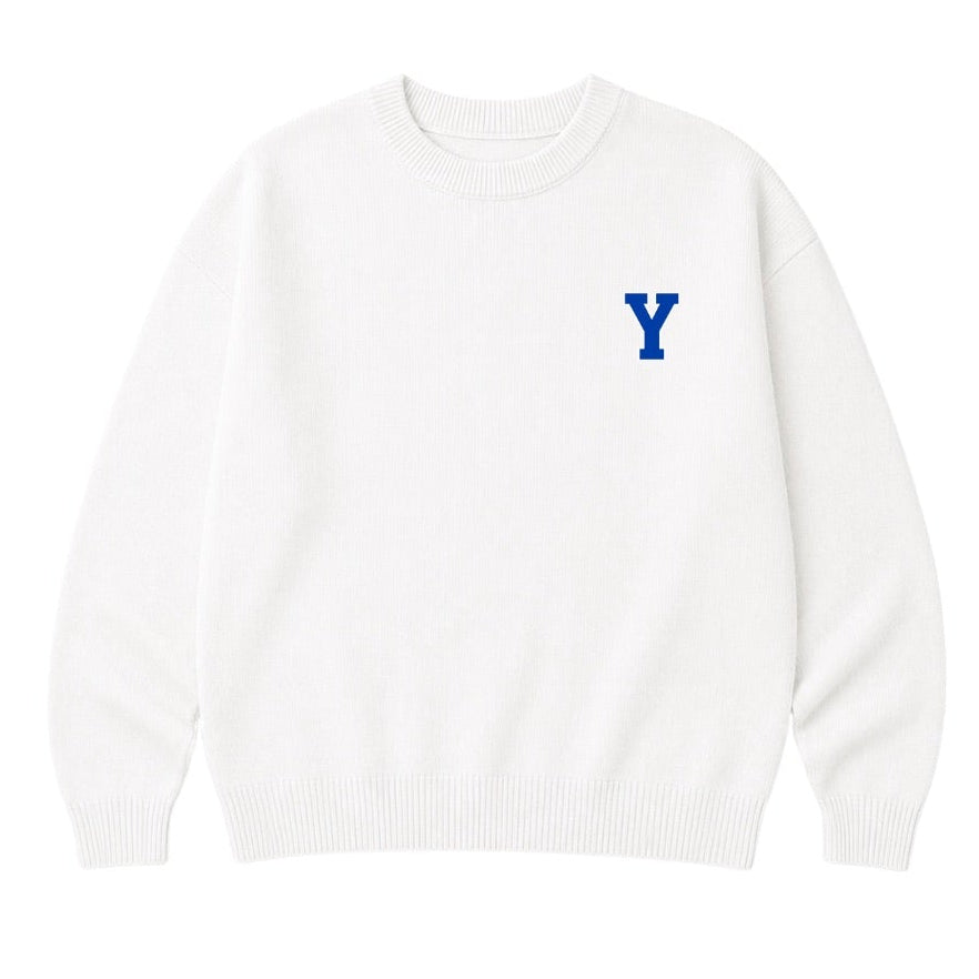 White sweatshirt with a blue 'Y' logo on a white background