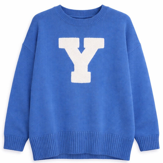 Blue sweater with a white 'Y' on a white background