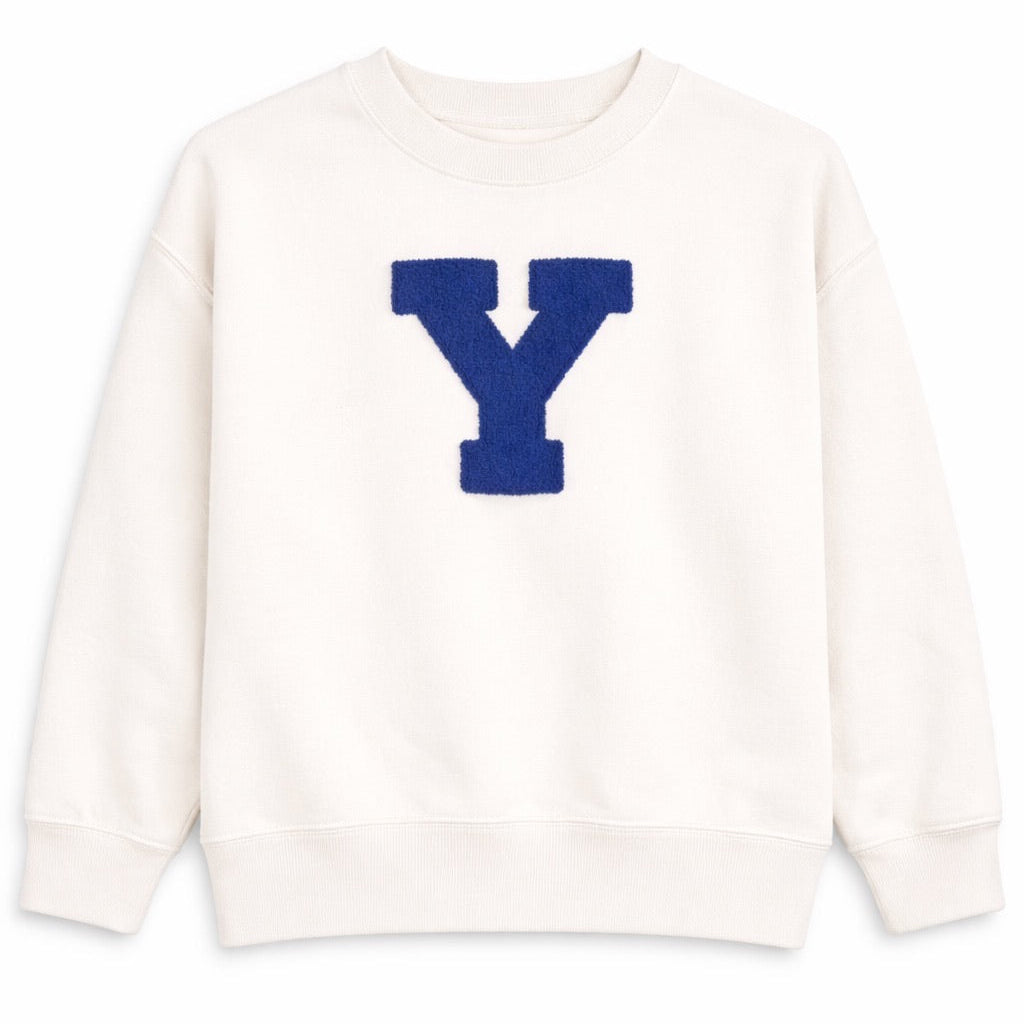 White sweatshirt with a blue 'Y' on a white background