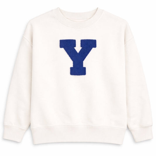 White sweatshirt with a blue 'Y' on a white background