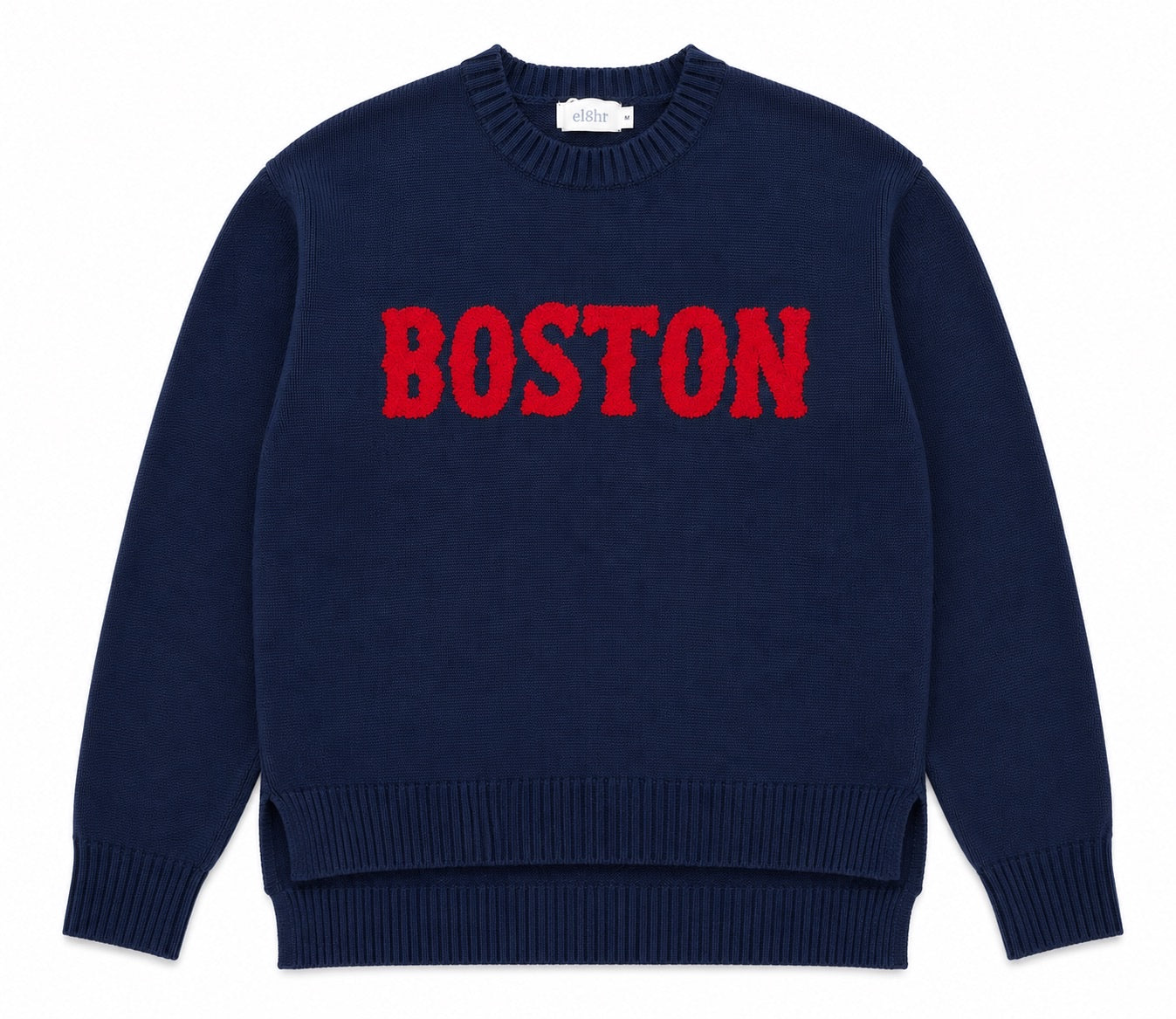 Navy blue sweater with 'BOSTON' in red text on a white background