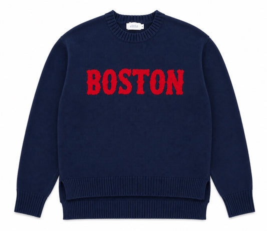 Navy blue sweater with 'BOSTON' in red text on a white background