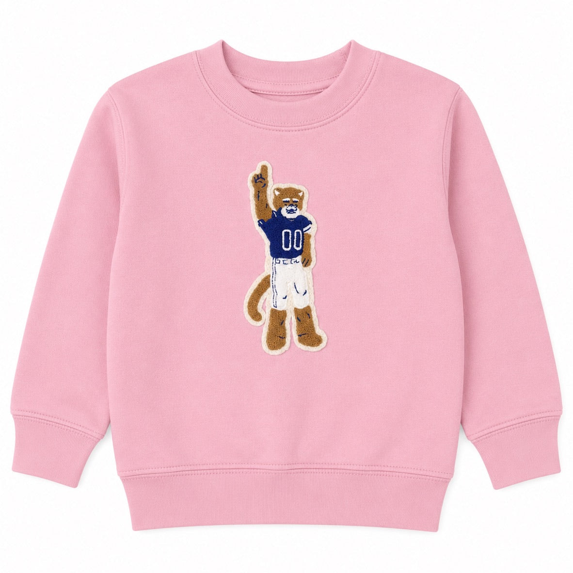 Pink sweatshirt with a bear graphic wearing a sports jersey on a white background