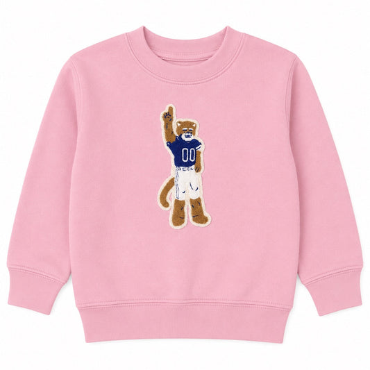 Pink sweatshirt with a bear graphic wearing a sports jersey on a white background