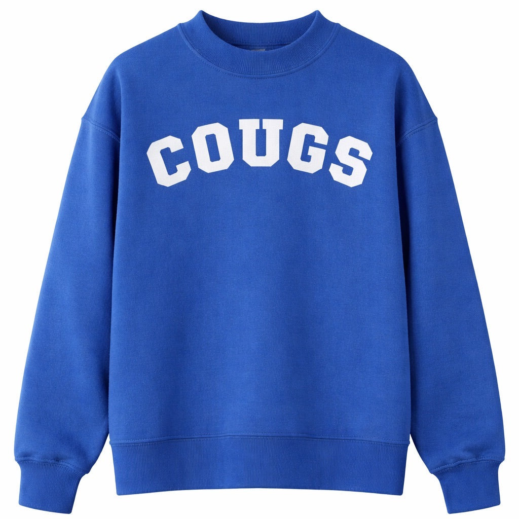 Blue sweatshirt with 'COUGS' text on a white background