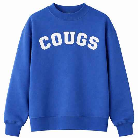 Blue sweatshirt with 'COUGS' text on a white background