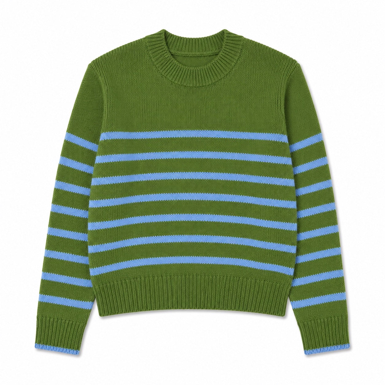 Green sweater with blue stripes on a white background