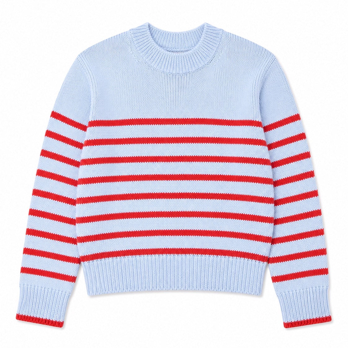 Light blue sweater with red stripes on a white background