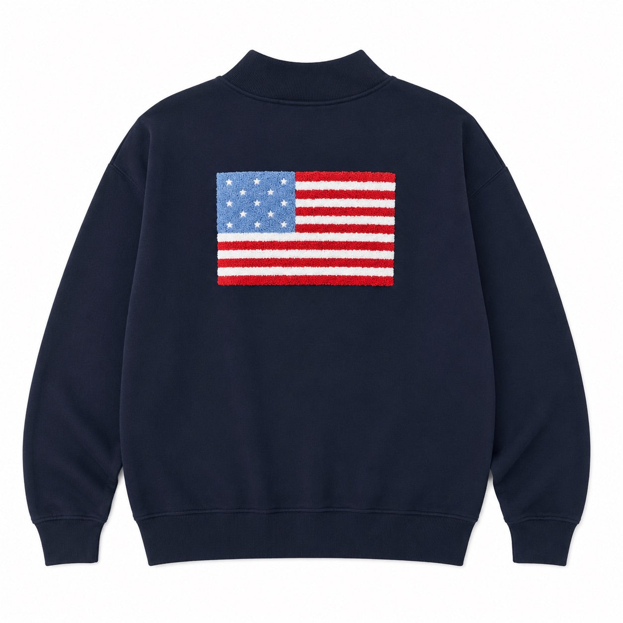 Navy blue sweatshirt with American flag on the back against a white background