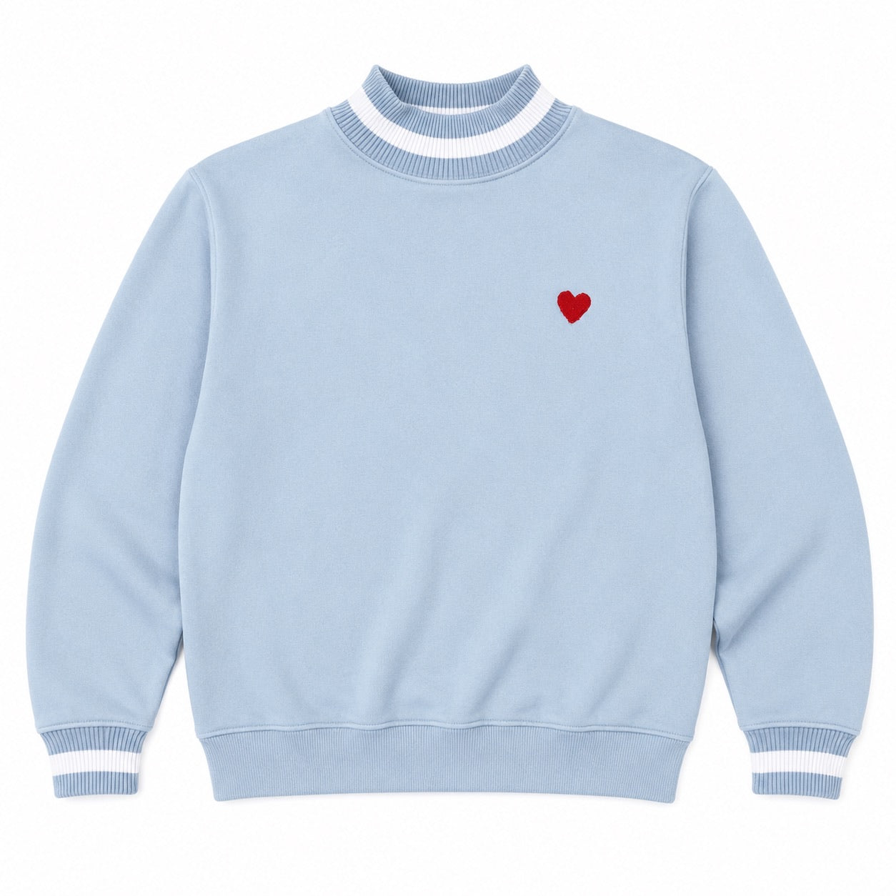 Light blue sweater with a red heart on a white background