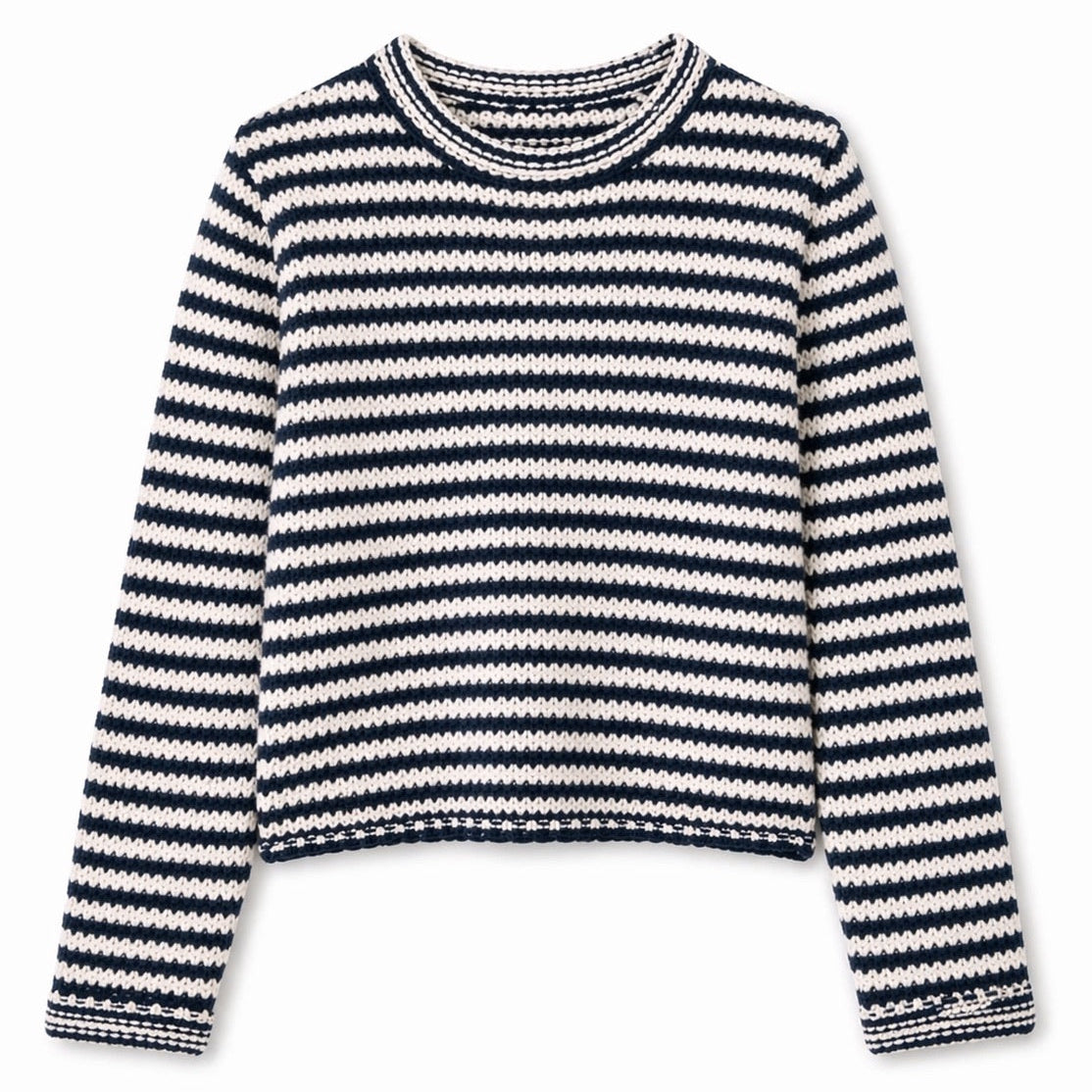 Navy and white striped sweater on a white background