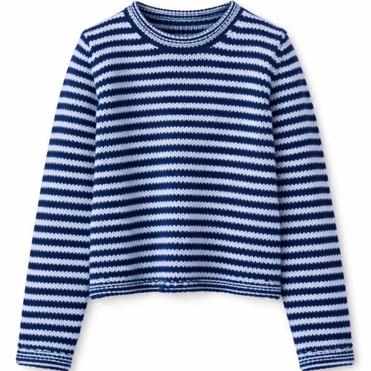 Blue and white striped sweater on a white background