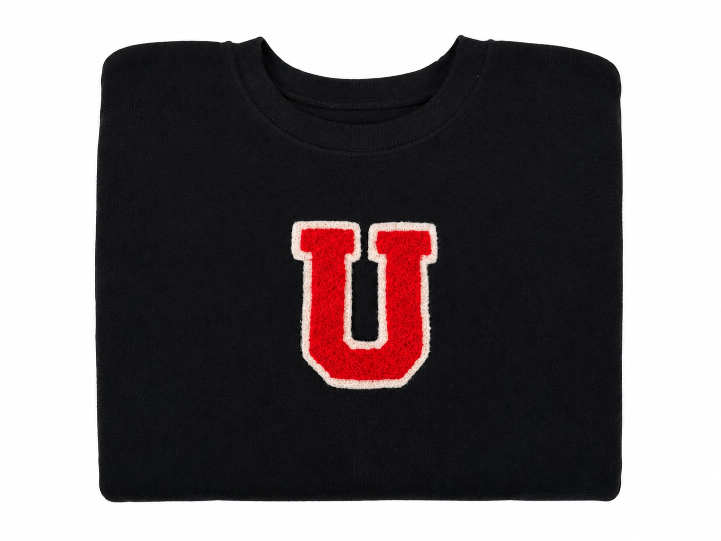 Black sweatshirt with a red 'U' logo on a white background