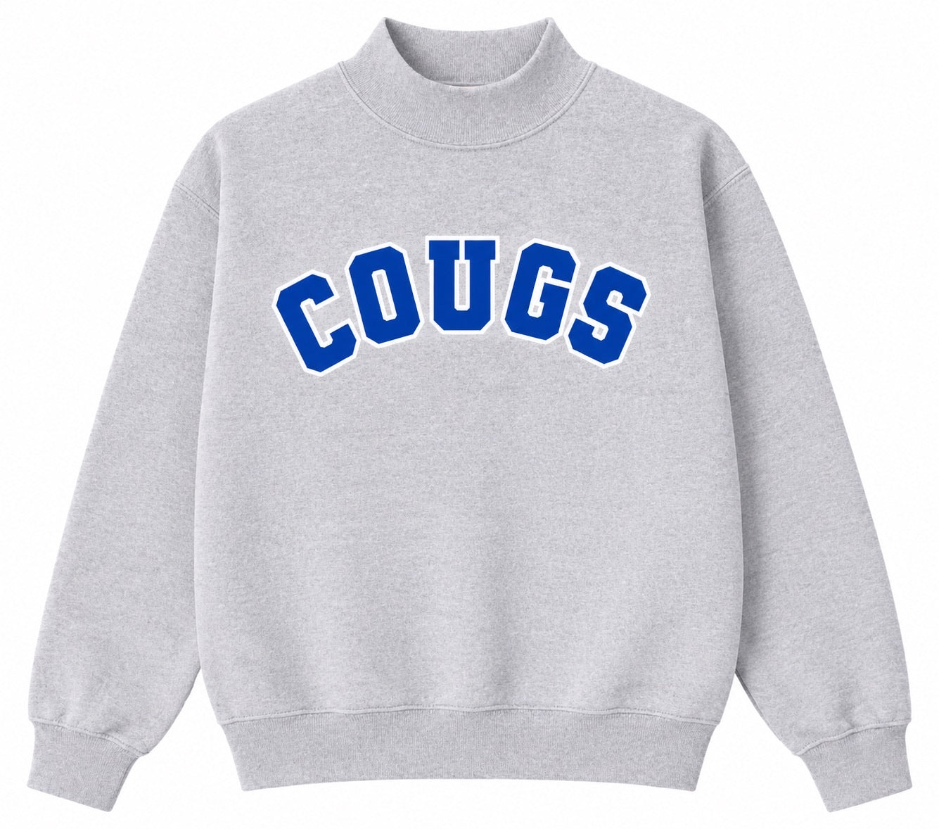 Gray sweatshirt with 'COUGS' text in blue on a white background