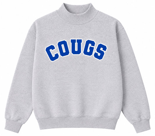 Gray sweatshirt with 'COUGS' text in blue on a white background