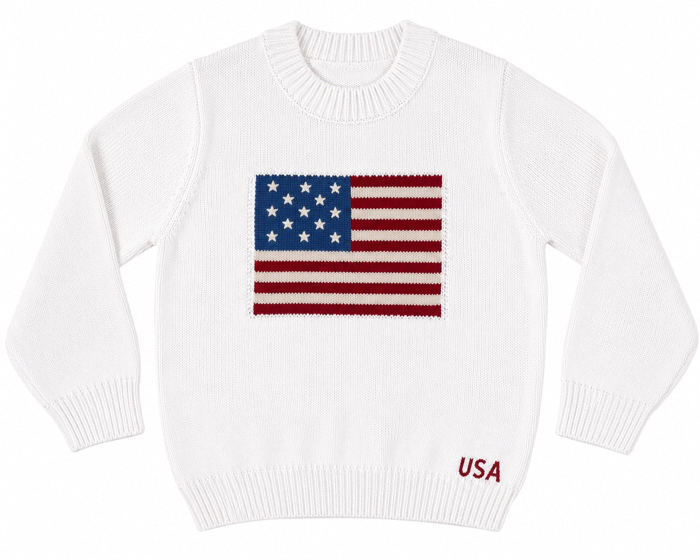 White sweater with an American flag design on a white background