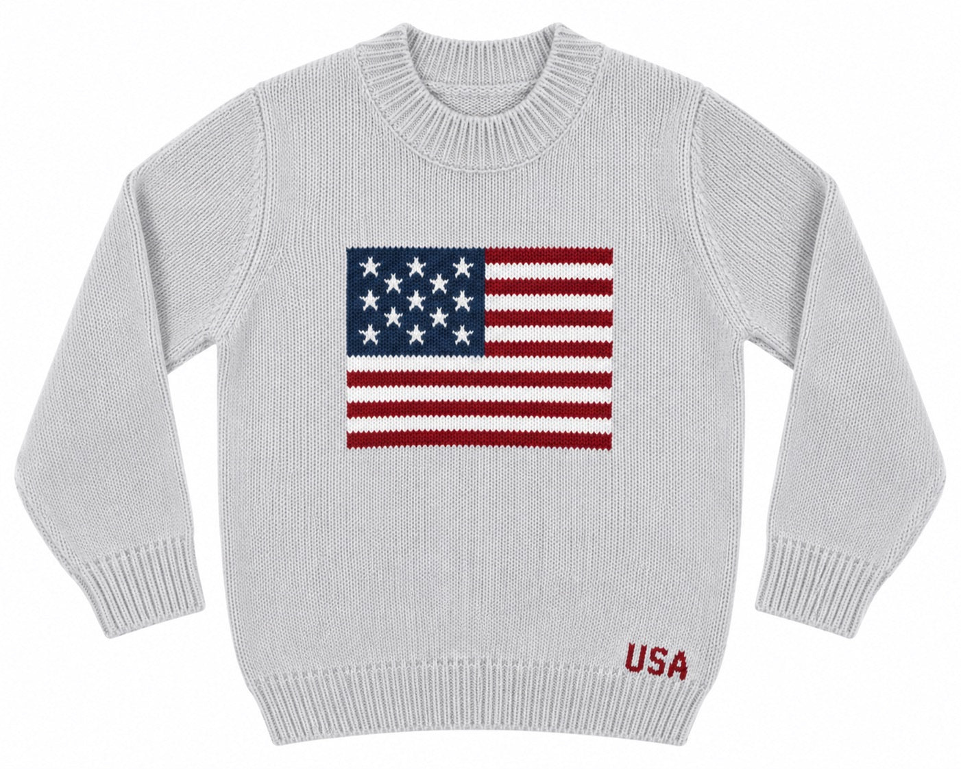 Gray sweater with an American flag design on a white background