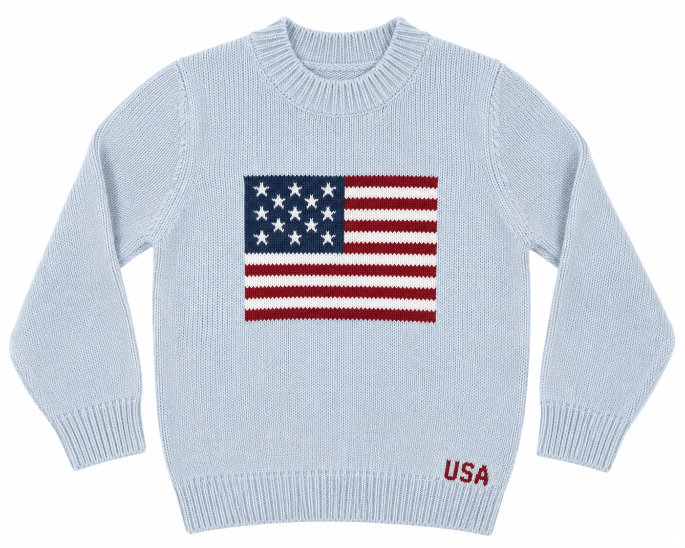 Light blue sweater with American flag design on a white background