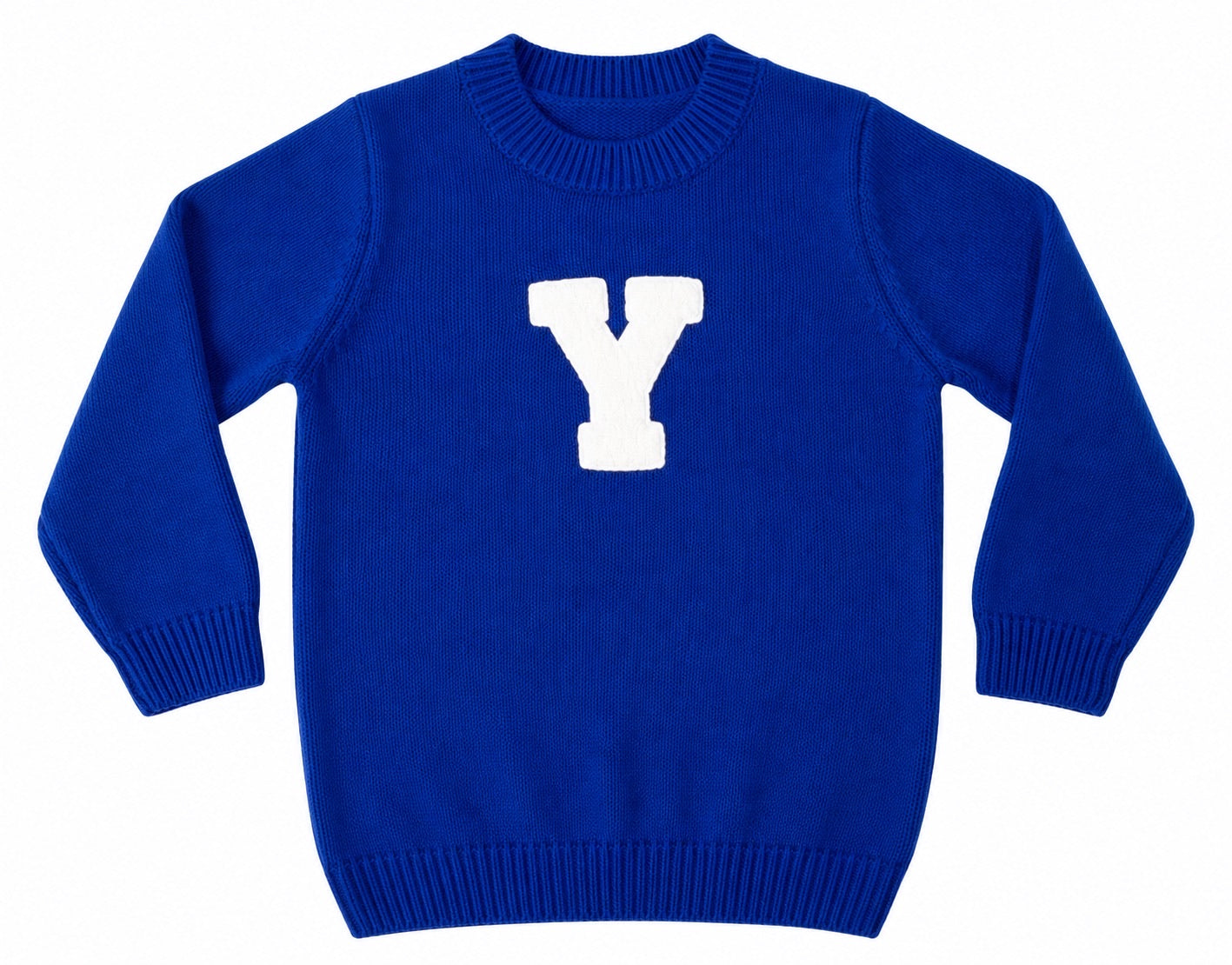 Blue sweater with a white 'Y' on a white background