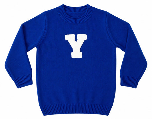 Blue sweater with a white 'Y' on a white background