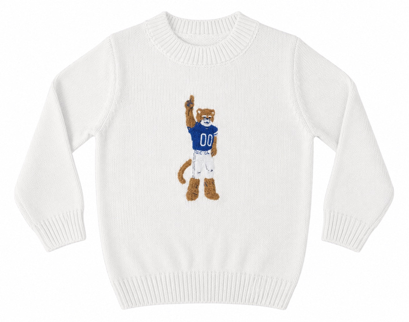 White sweater with a bear in a blue sports jersey on a white background