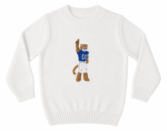 White sweater with a bear in a blue sports jersey on a white background