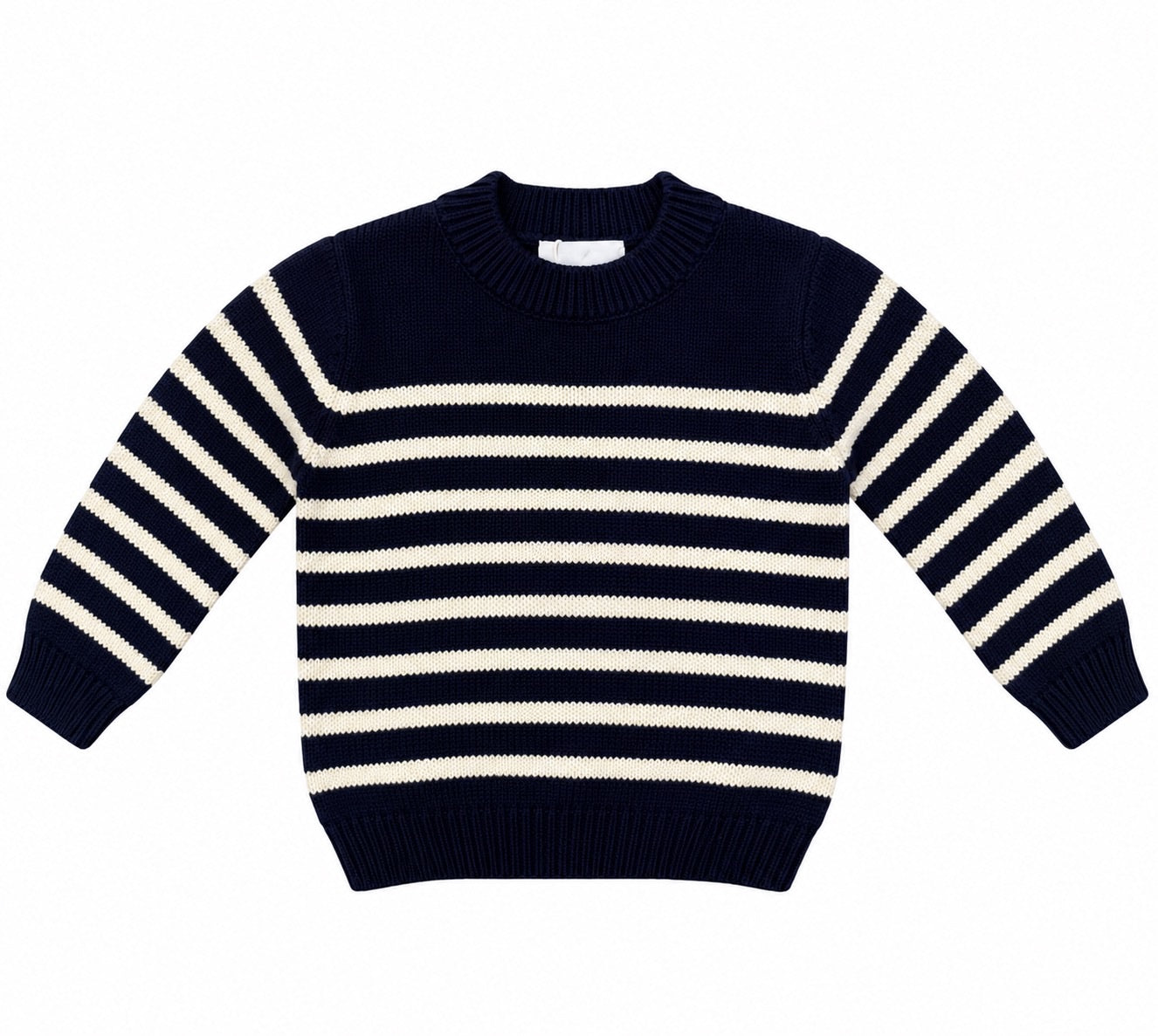 Navy and white striped sweater on a white background