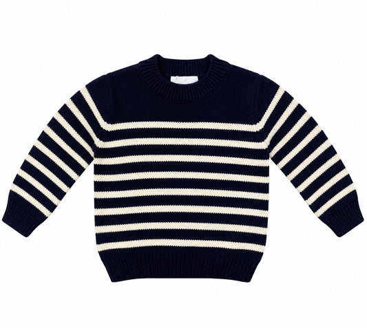 Navy and white striped sweater on a white background