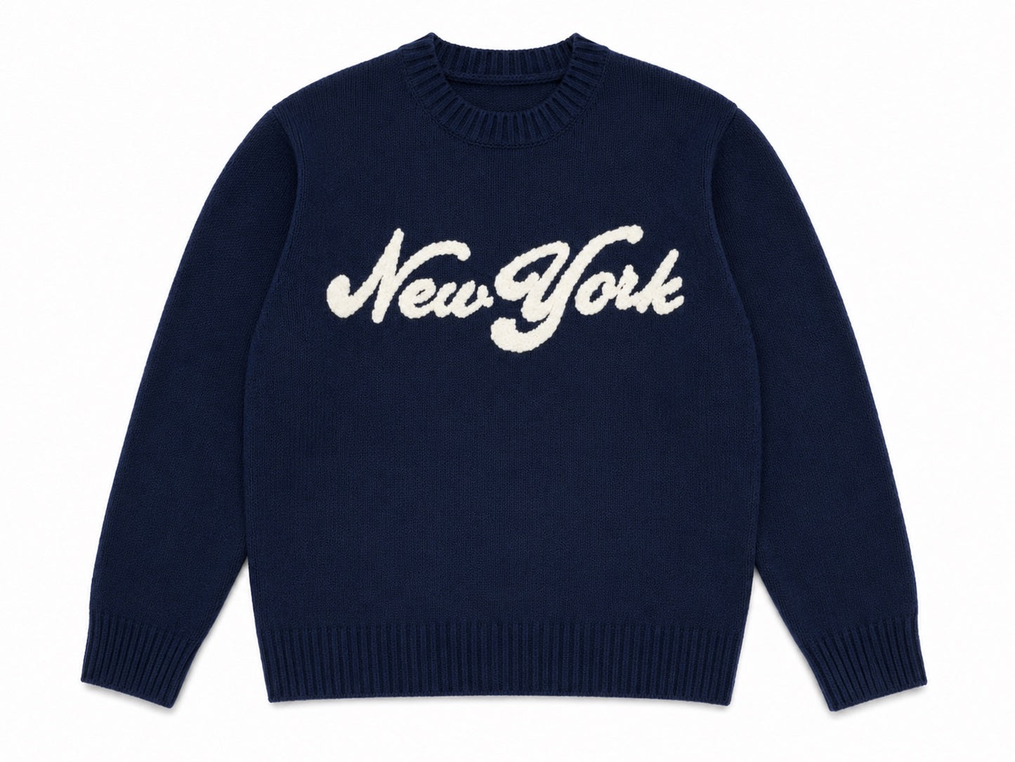 Navy blue sweater with 'New York' text on a white background