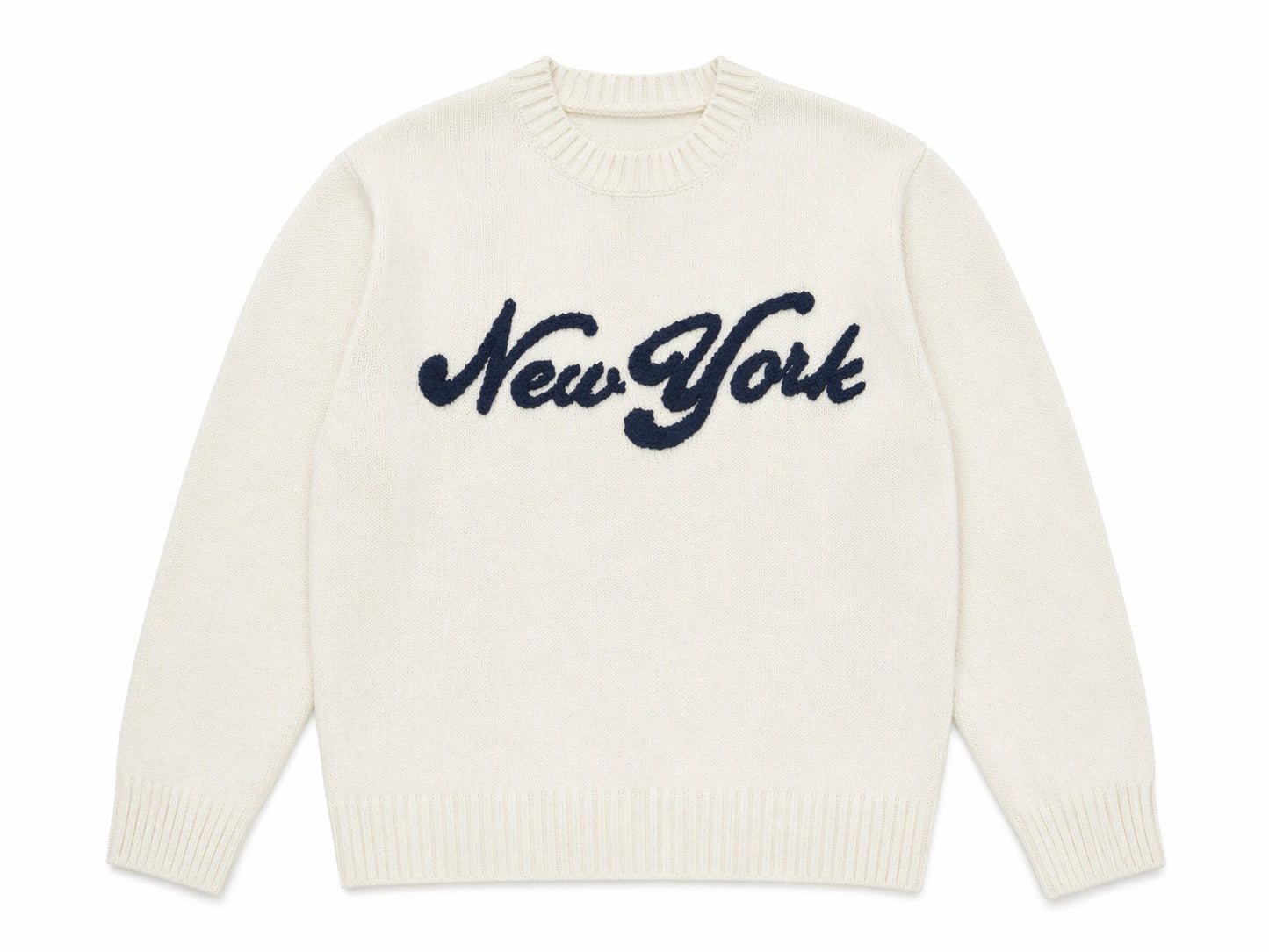 White sweater with 'New York' text on a white background