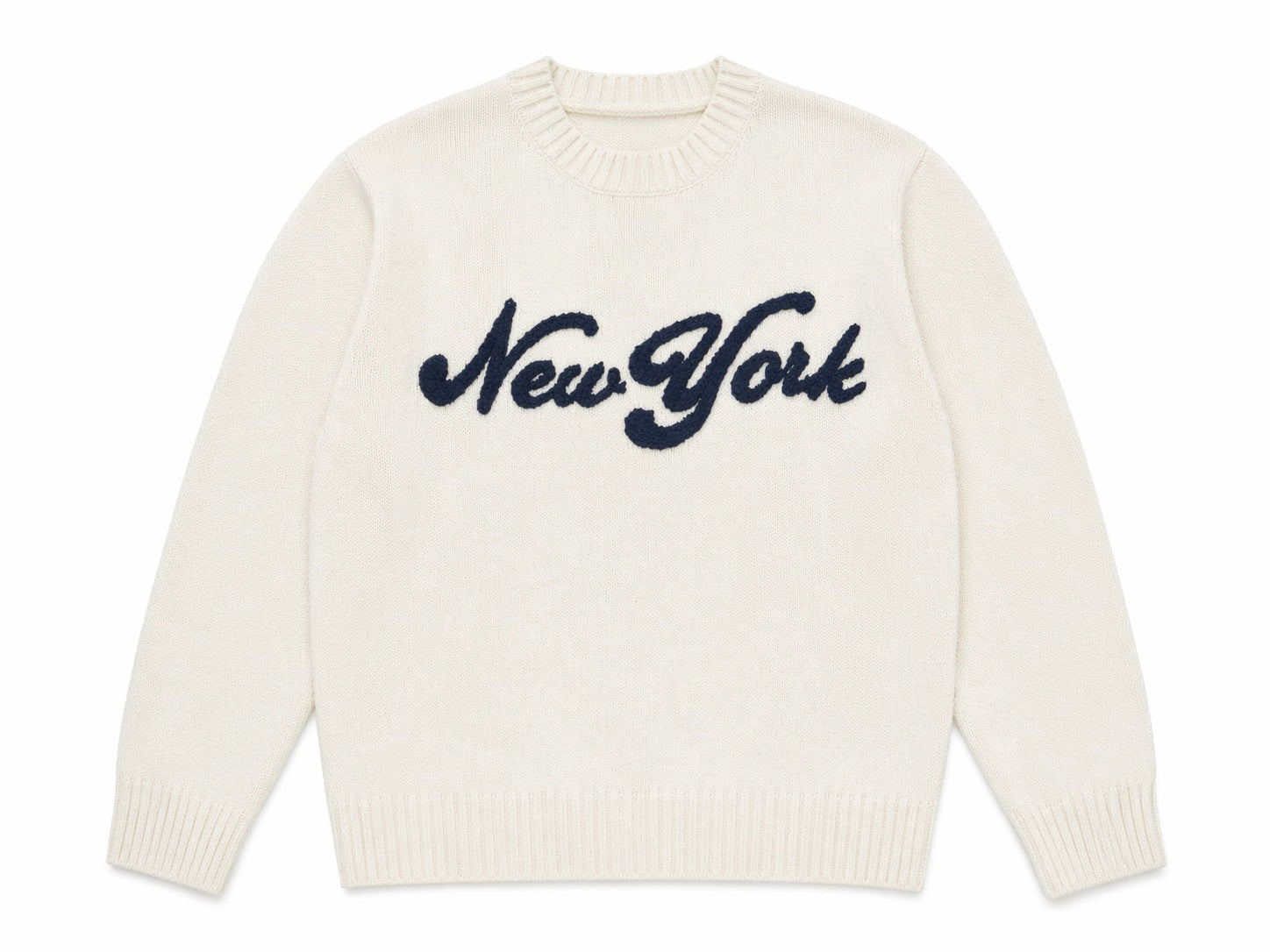 White sweater with 'New York' text on a white background