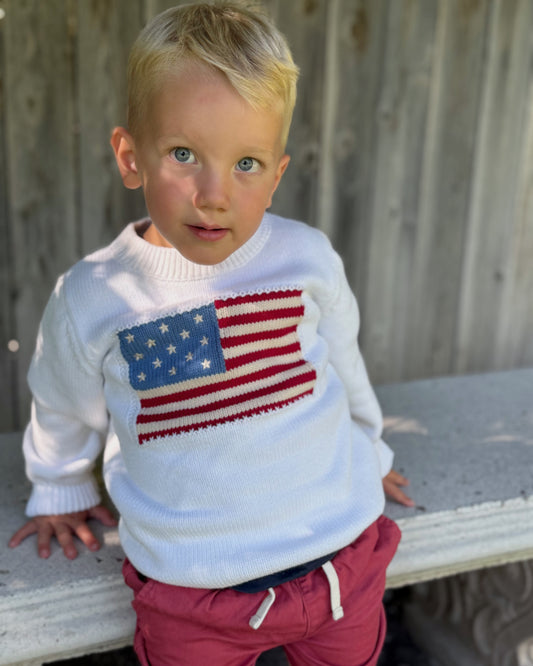 Child wearing a sweater with an American flag design outdoors.