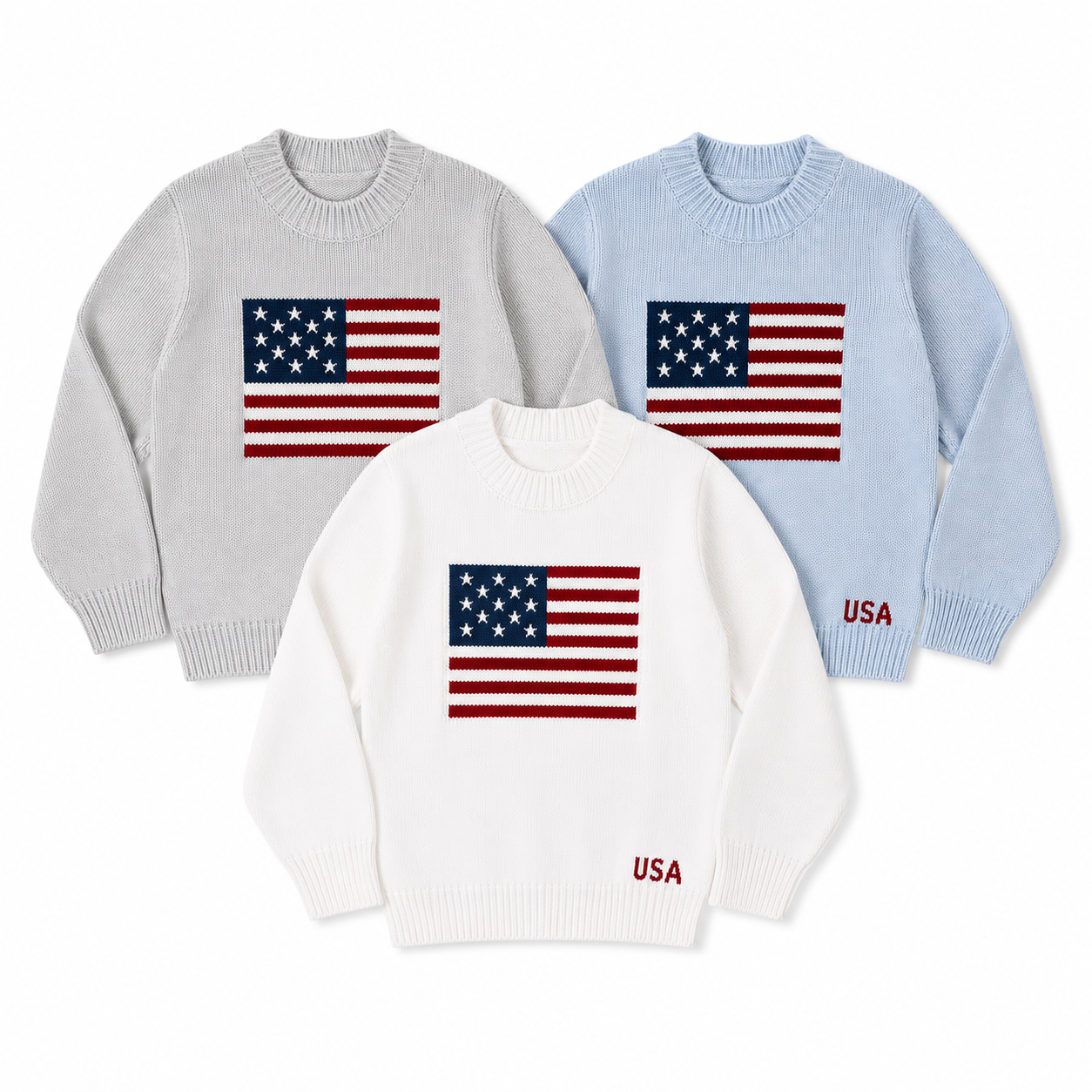 Three sweaters with American flag designs on a white background
