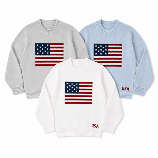 Three sweaters with American flag designs on a white background