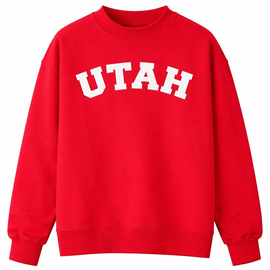 Red sweatshirt with 'UTAH' printed in white on a white background
