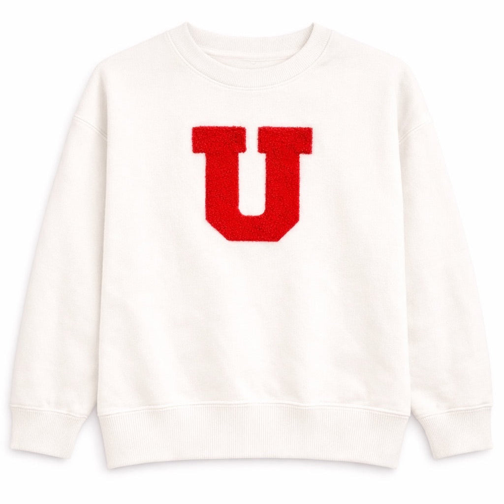White sweatshirt with a red 'U' on the back against a white background