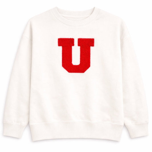 White sweatshirt with a red 'U' on the back against a white background