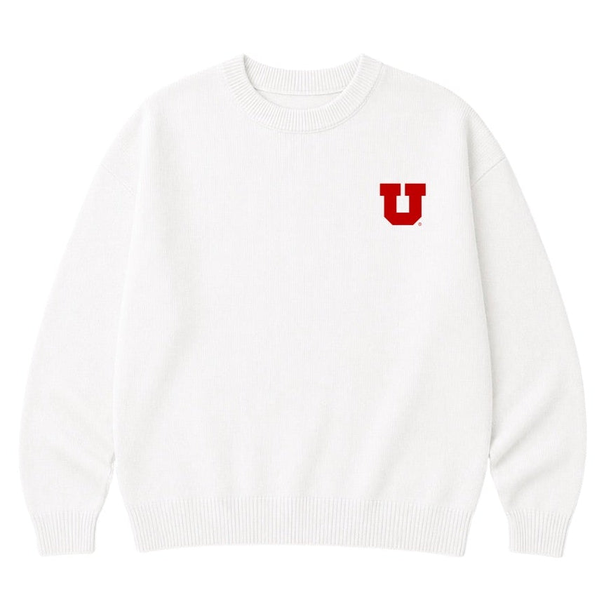 White sweatshirt with a red 'U' logo on a white background