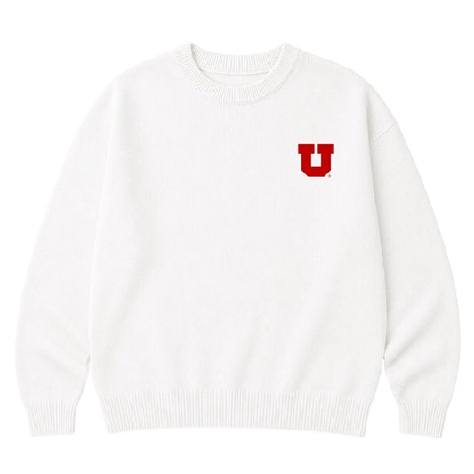 White sweatshirt with a red 'U' logo on a white background