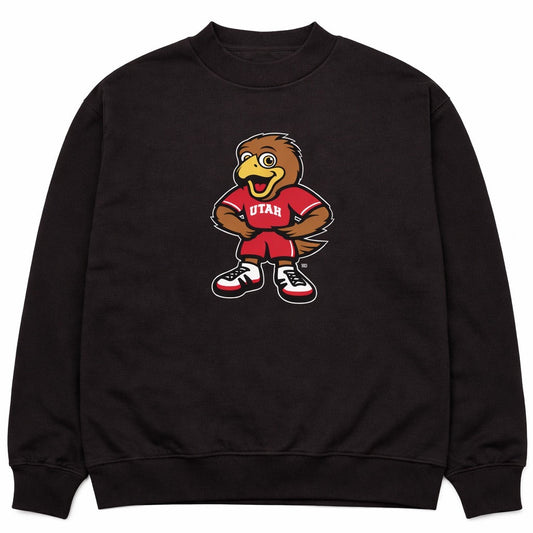 Black sweatshirt with a cartoon eagle mascot design on a white background