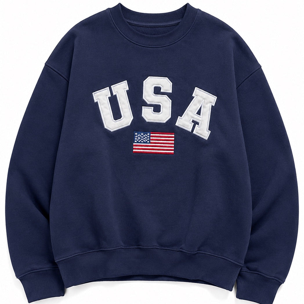Navy blue sweatshirt with 'USA' and American flag on a white background