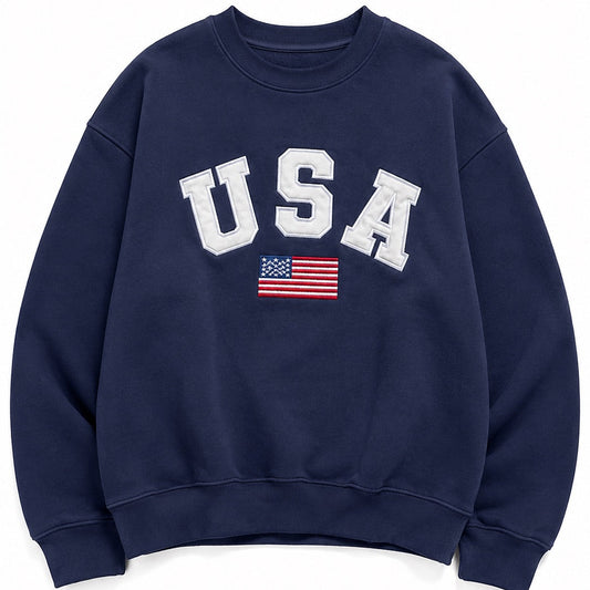 Navy blue sweatshirt with 'USA' and American flag on a white background