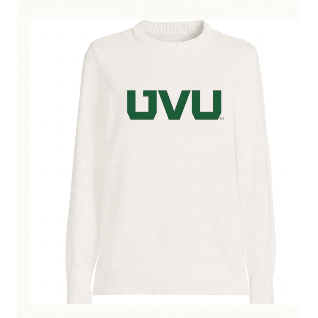 White sweater with green 'UVU' text on a white background