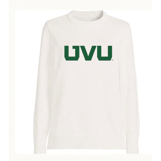 White sweater with green 'UVU' text on a white background