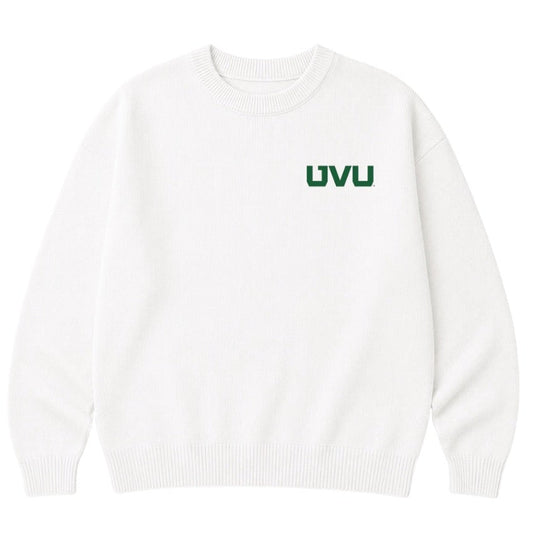 White sweatshirt with 'UVU' logo on a white background