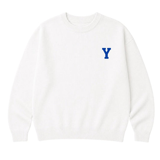 White sweatshirt with a blue 'Y' logo on a white background