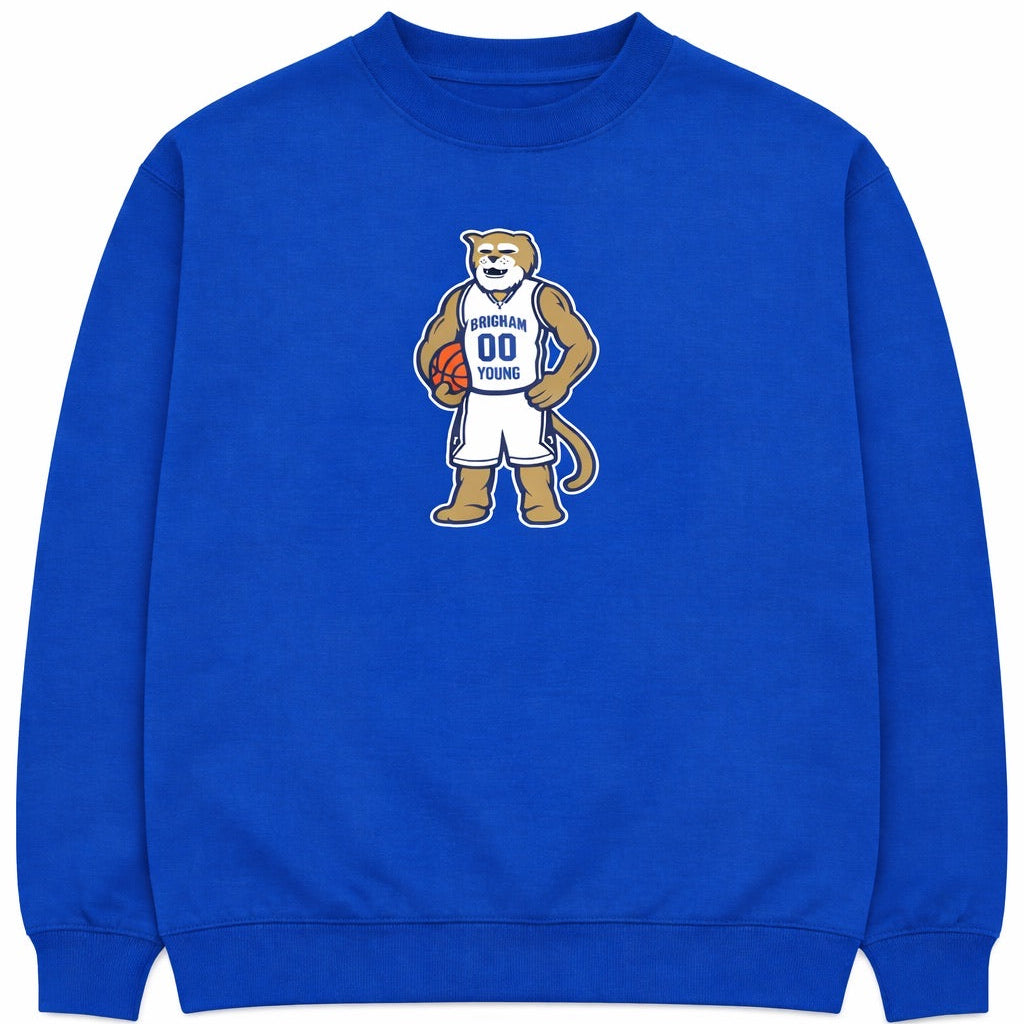Blue sweatshirt with a bear mascot holding a basketball on a white background