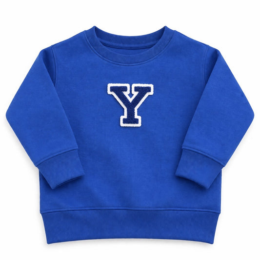 Blue sweatshirt with a white 'Y' on a white background